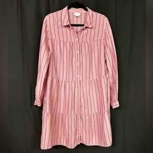 J. Jill 100% Linen Pink Striped Tiered Shirt Dress Tunic Pastel Stripes
